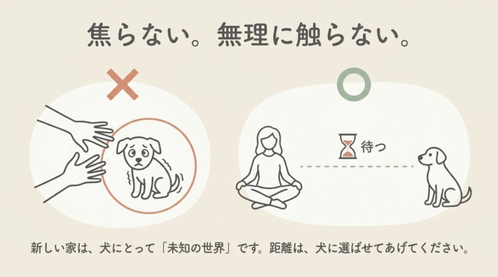 「焦らない。無理に触らない。」という見出しと、怖がる犬に手を伸ばすNG例、座って待つOK例が描かれたイラスト。