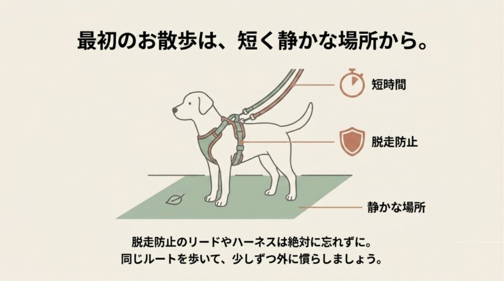「最初のお散歩は、短く静かな場所から。」として、「短時間」「脱走防止」「静かな場所」の3つのポイントと、ハーネスを装着した犬のイラストが描かれたスライド画像。
