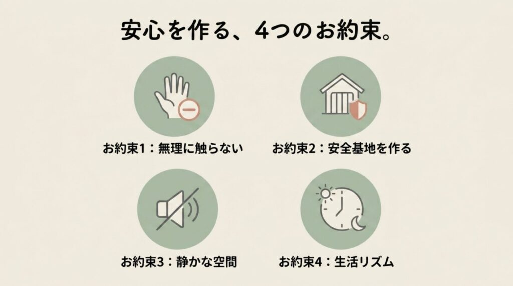 「安心を作る、4つのお約束。」として、「お約束1：無理に触らない」「お約束2：安全基地を作る」「お約束3：静かな空間」「お約束4：生活リズム」の4つのアイコンと説明がまとめられたスライド画像。