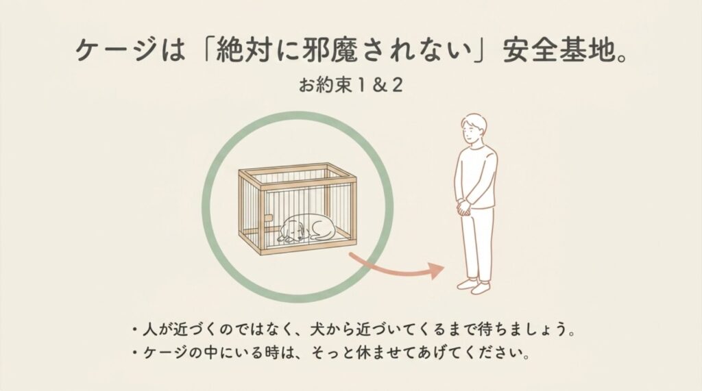 「ケージは「絶対に邪魔されない」安全基地。」（お約束1＆2）として、ケージ内で休む犬と、少し離れて見守る飼い主が描かれたイラストスライド。