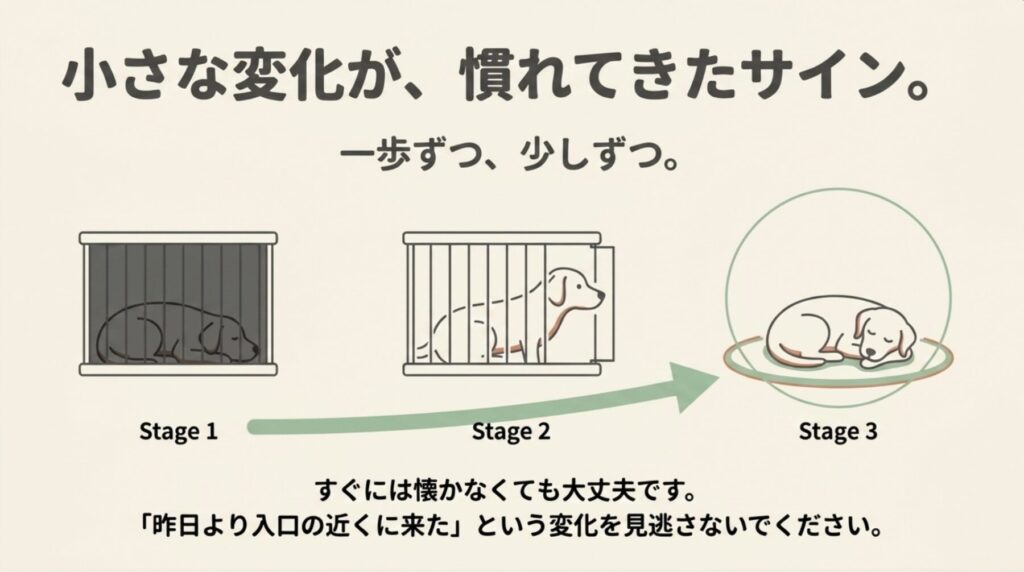 「小さな変化が、慣れてきたサイン。一歩ずつ、少しずつ。」として、ケージの奥から入口へ、そしてリラックスしたベッドへと段階的に慣れていく様子（Stage 1〜3）が描かれたスライド画像。