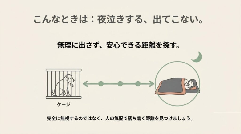 「こんなときは：夜泣きする、出てこない。」として、無理に出さず、ケージと人間の布団の距離感を調整しながら安心できる距離を探す様子が描かれたスライド画像。